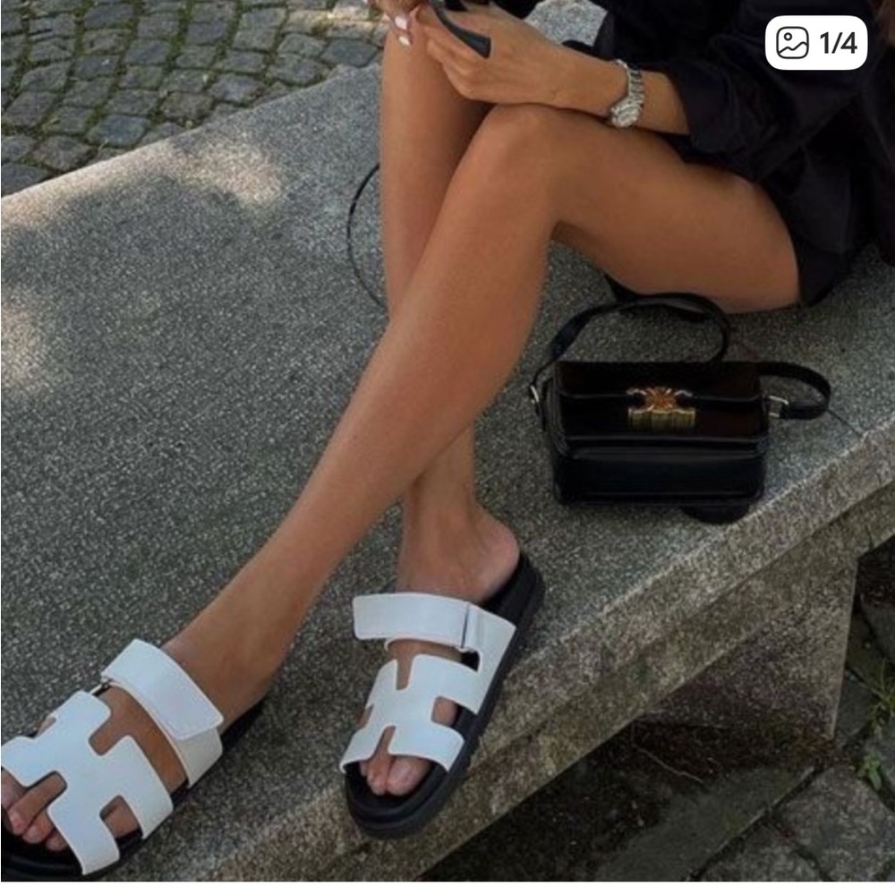 White Leather Slide Sandals with Black Soles